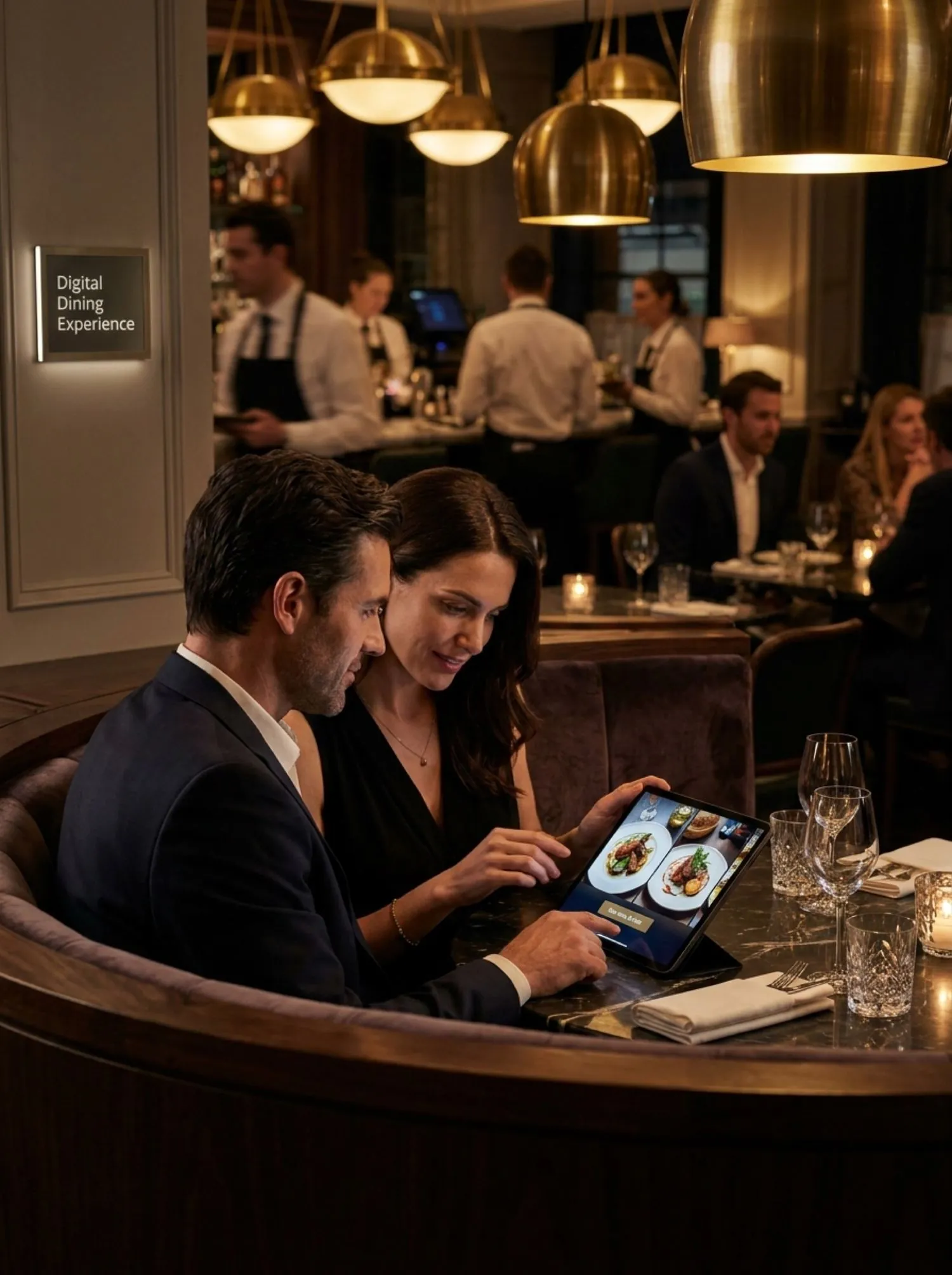 Diners ordering on a Waitery tablet in a restaurant booth