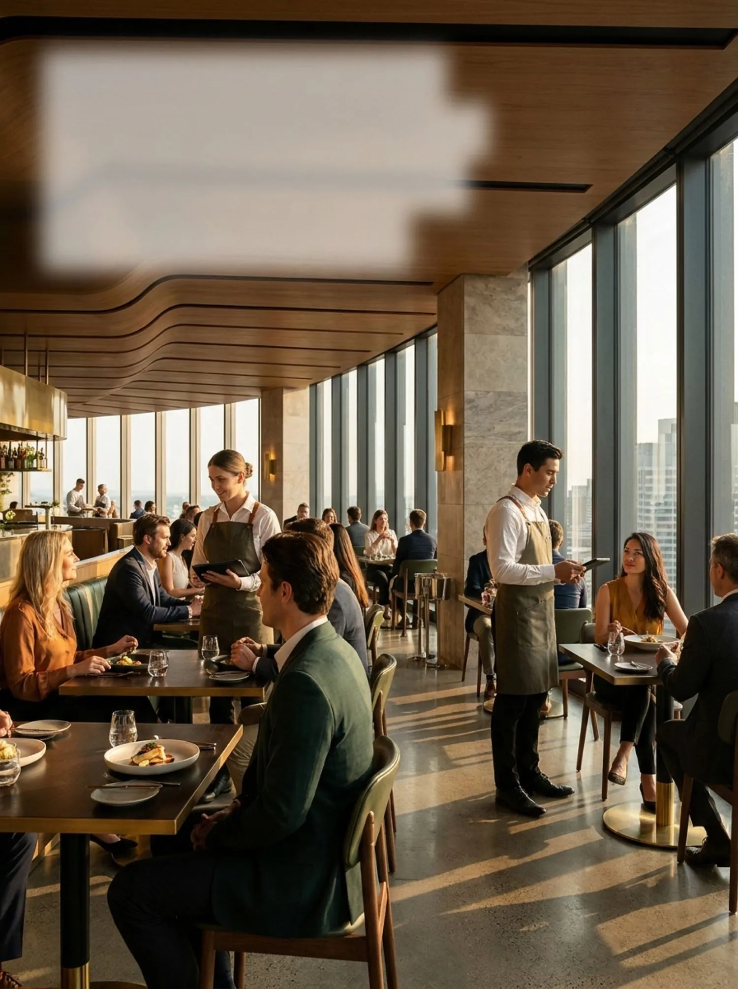 A busy upscale restaurant dining room