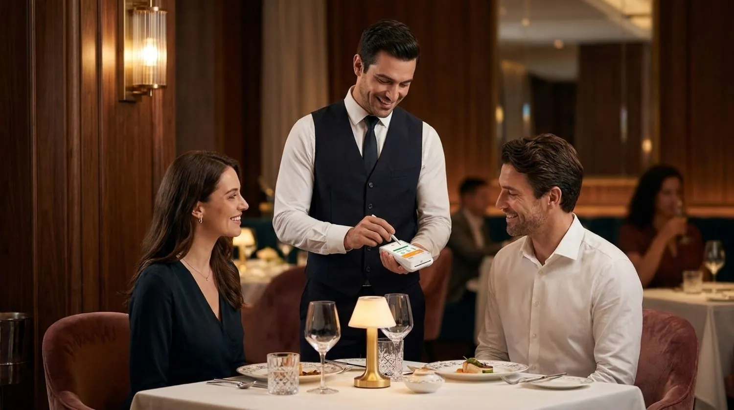 A server taking an order and payment on a Waitery handheld at the table
