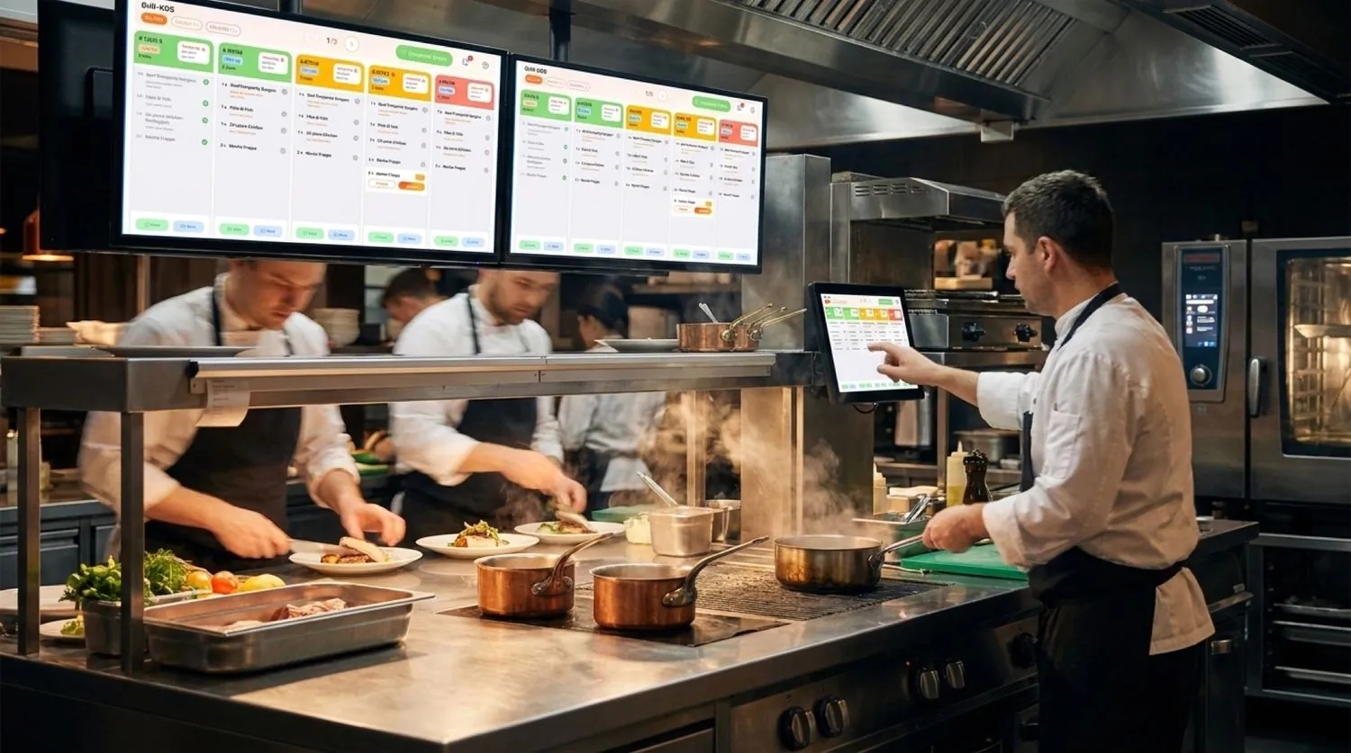 A Waitery kitchen display showing live tickets above a busy line of chefs