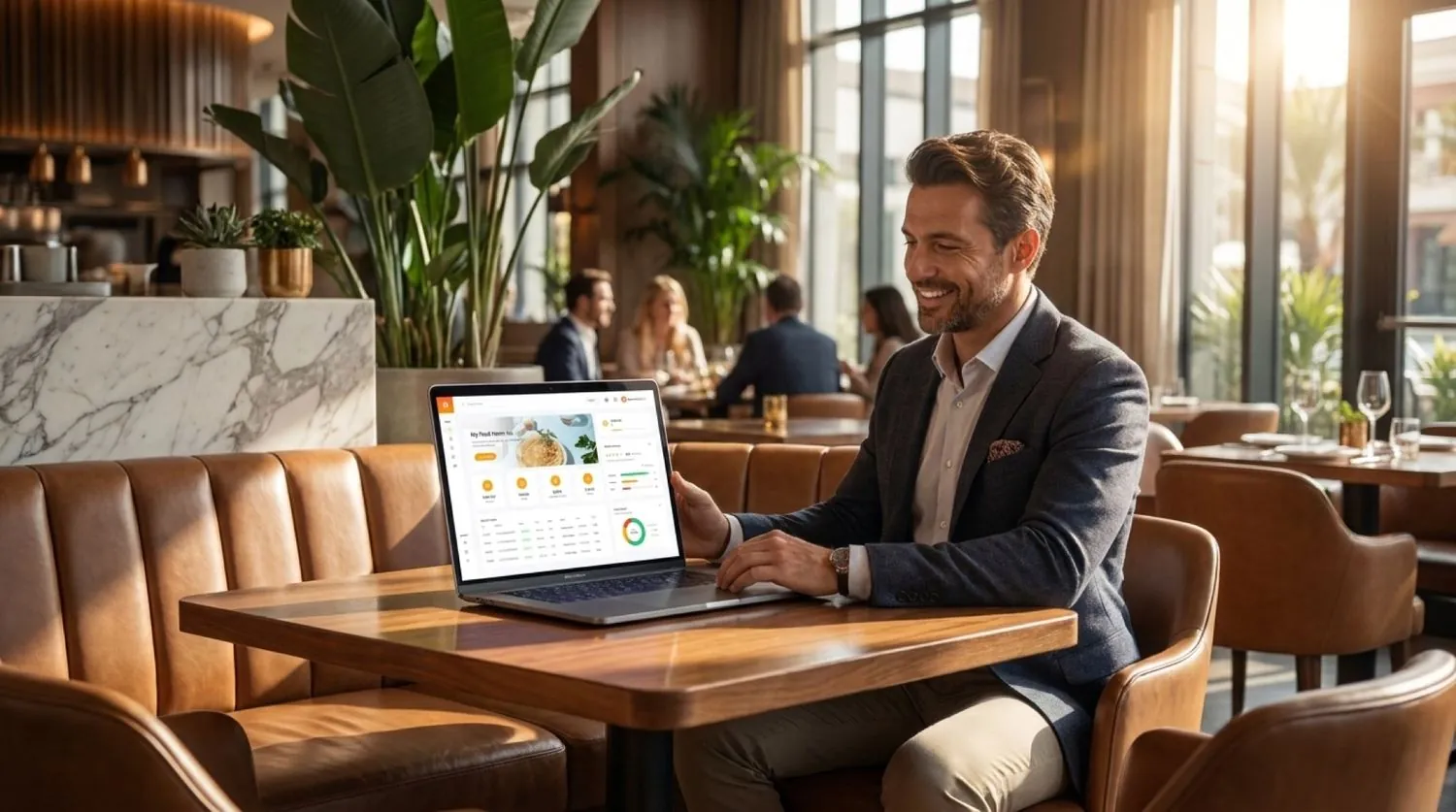 An owner reviewing the Waitery dashboard on a laptop in their restaurant