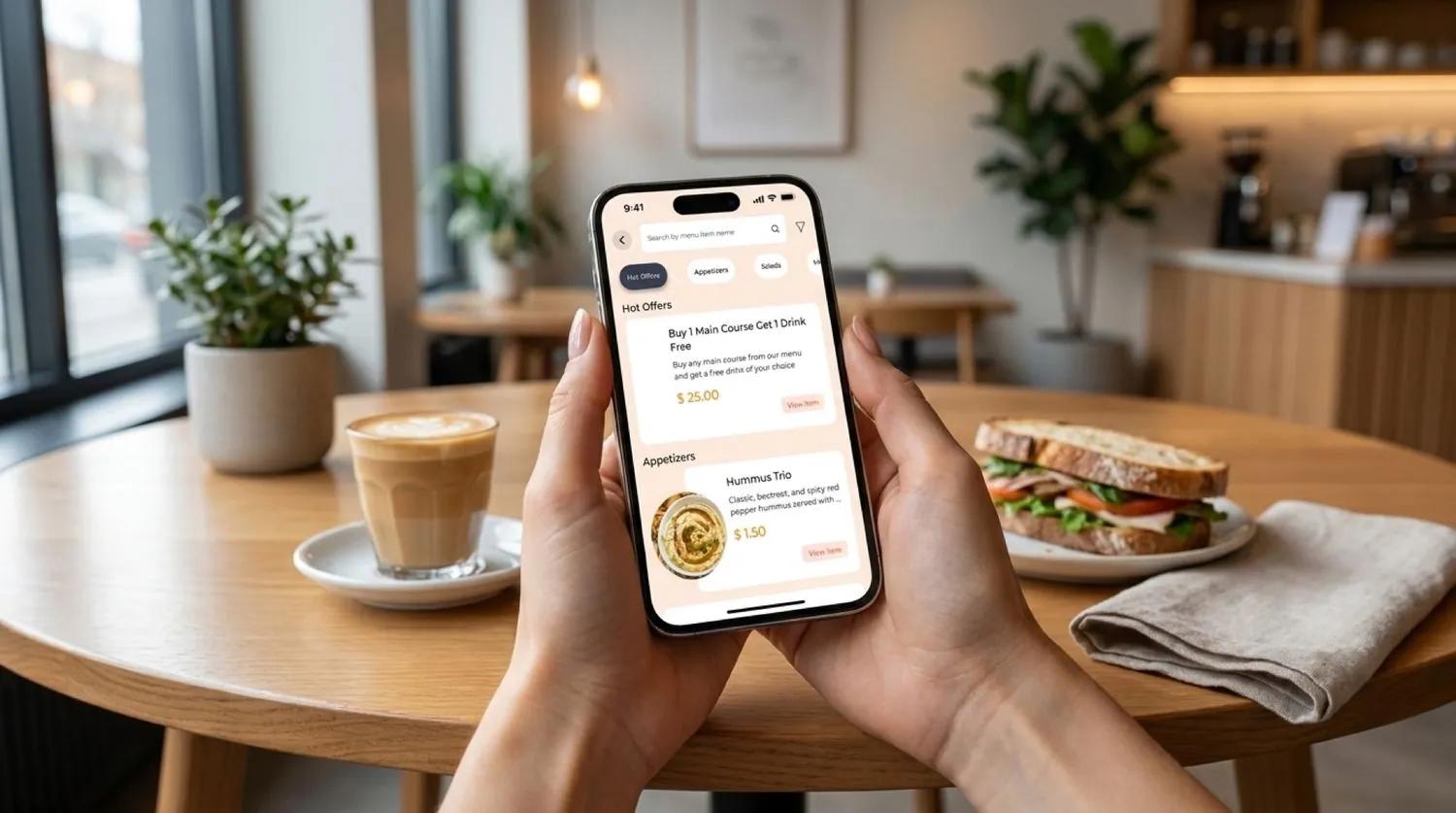 A guest scanning a QR code to order from the Waitery menu on their phone