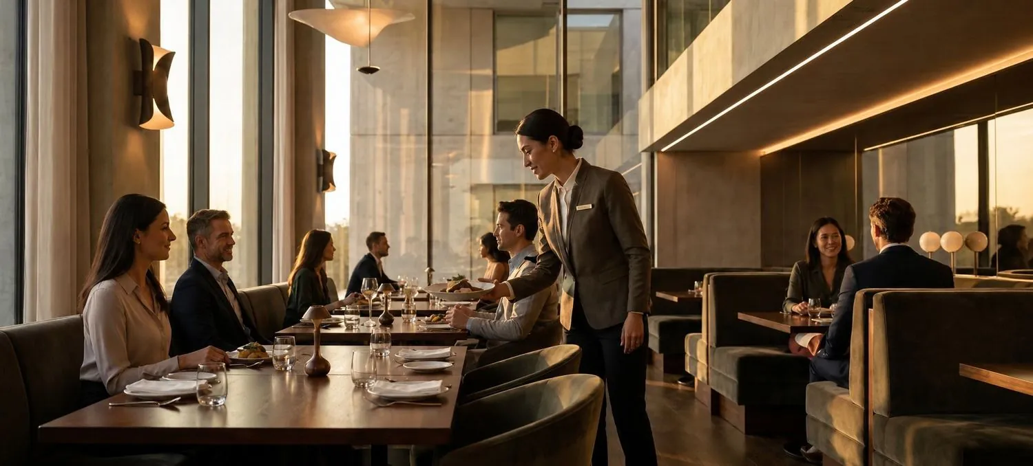 A Waitery server bringing a dish to guests in a warm, busy restaurant dining room