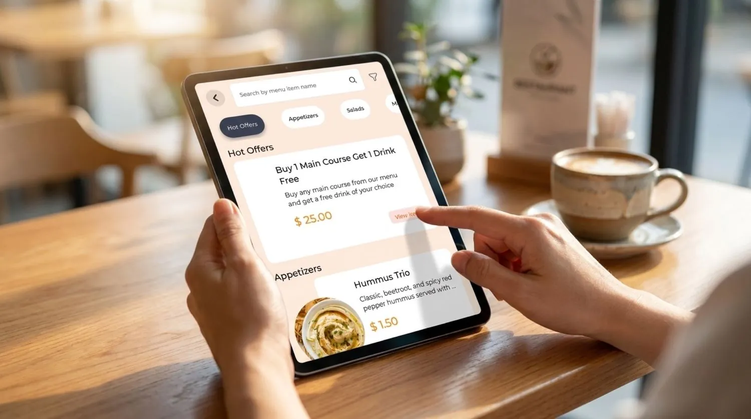 A guest ordering from the Waitery menu on a tablet